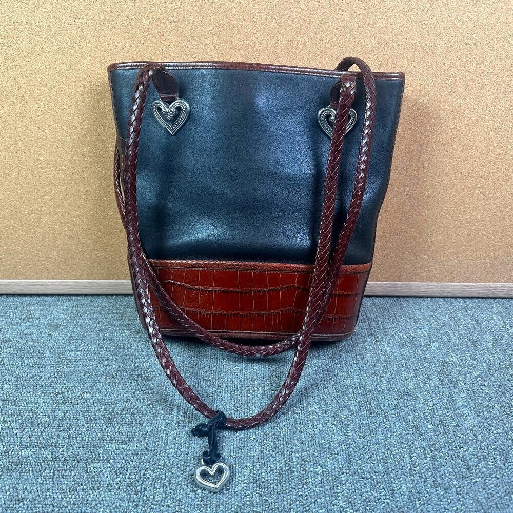 Brighton Caroline Bucket Bag Black & Brown Croc Print Leather Heart Metal Accent